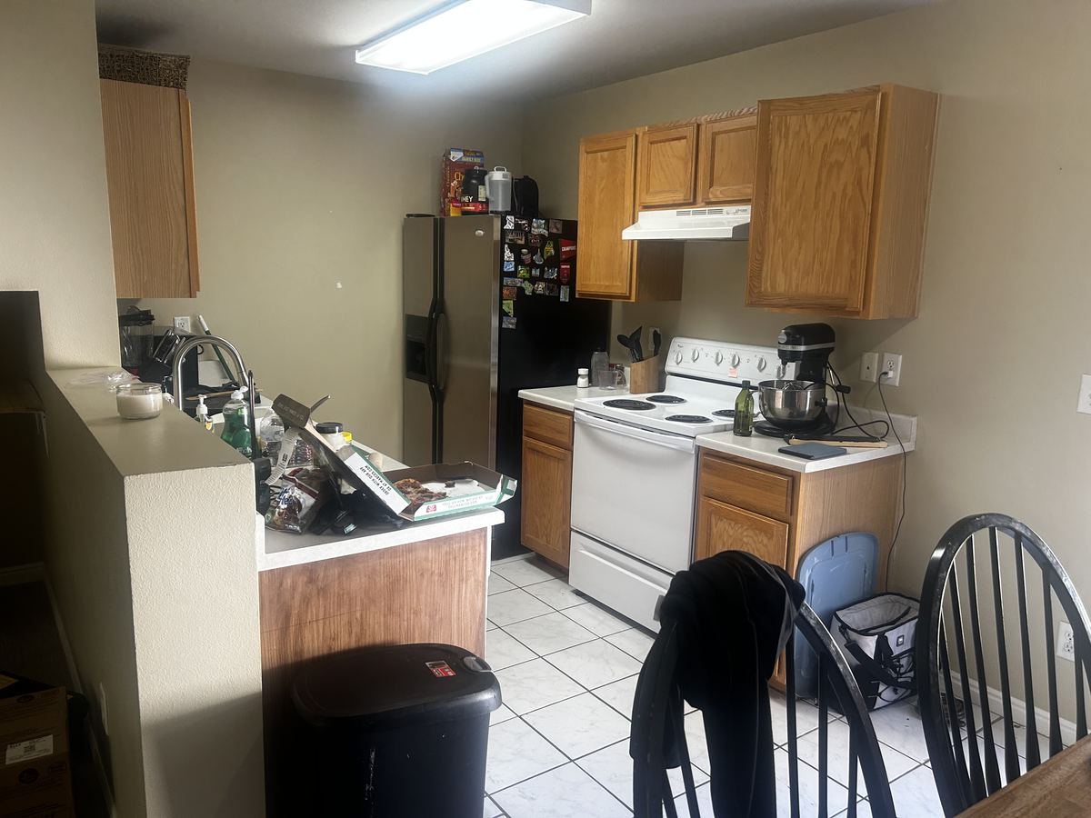 Original kitchen: cabinets and range